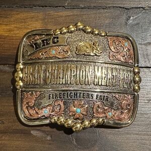 Vintage Grand Champion Metal Pen Firefighters Fair Belt Buckle - Gold & Copper